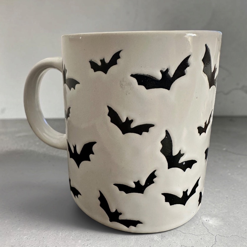 Black Bats Embossed White Ceramic Coffee Cup Mug Halloween Gothic Spooky New